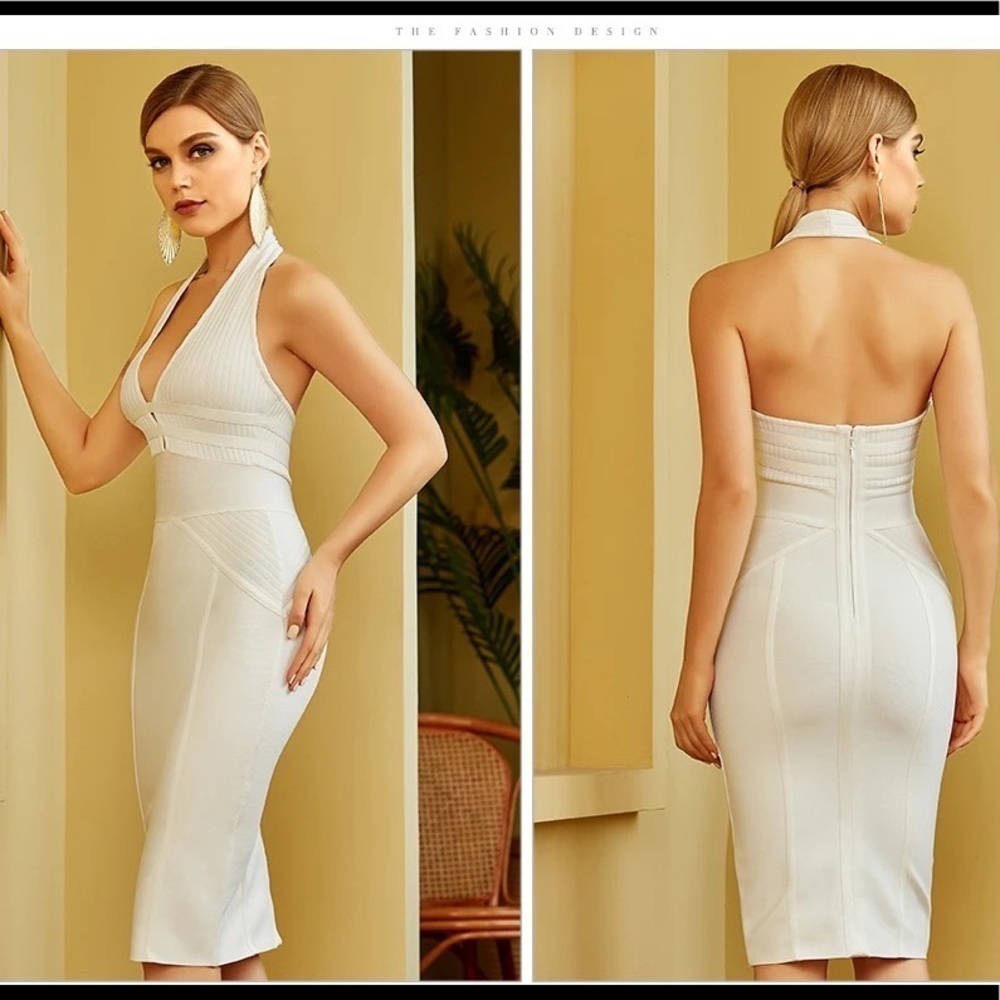 White Halter Open Back Bandage Bodycon Knee Length Dress
